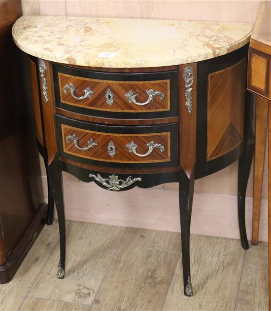 A marble top demi lune small cabinet W.66cm